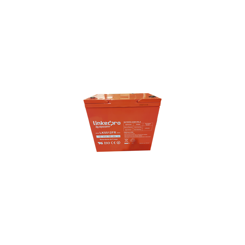 Batería 12 V / 55 Ah / UL / Tecnología AGM-VRLA / Vida útil promedio de 5 años / Retardo a la flama / Para uso en equipo ele