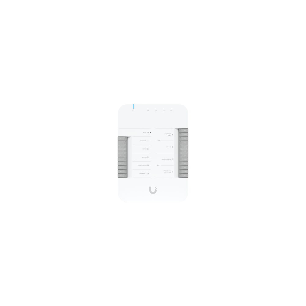 UniFi Access Hub Door, puede conectar 2 lectores y 2 cámaras (no incluidos) para controlar solo una puerta / 2 terminales AUX y
