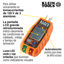 Probador de Tomacorrientes con Interruptor de Falla a Tierra (GFCI) con pantalla LCD.
