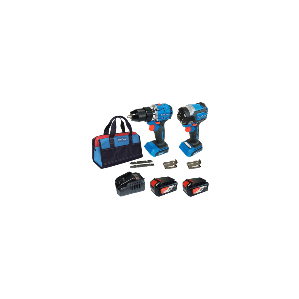 Kit Herramienta Taladro más Atornillador 20V, incluye cargador, 2 Baterías y Bolsa para Transporte.
