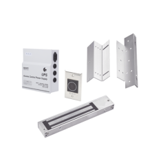 Kit para control de acceso incluye Fuente de 12VCD con respaldo de batería/ Chapa magnética de 600Lbs / Montajes L y Z / Botó
