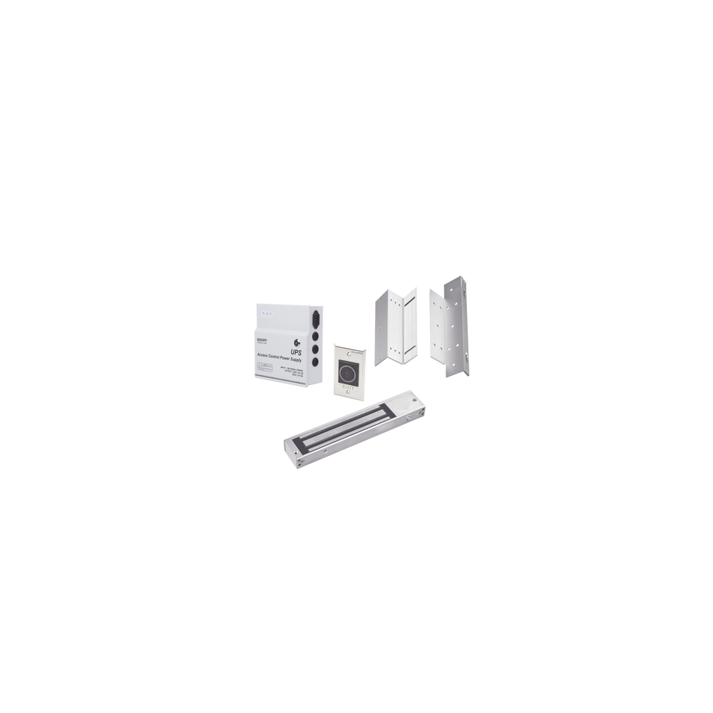 Kit para control de acceso incluye Fuente de 12VCD con respaldo de batería/ Chapa magnética de 600Lbs / Montajes L y Z / Botó