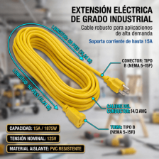 Extensión Eléctrica de Uso Rudo Aterrizada 15 metros / 127 V CA 10 A Máximo / Color Amarillo.
