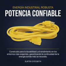 Extensión Eléctrica de Uso Rudo Aterrizada 15 metros / 127 V CA 10 A Máximo / Color Amarillo.