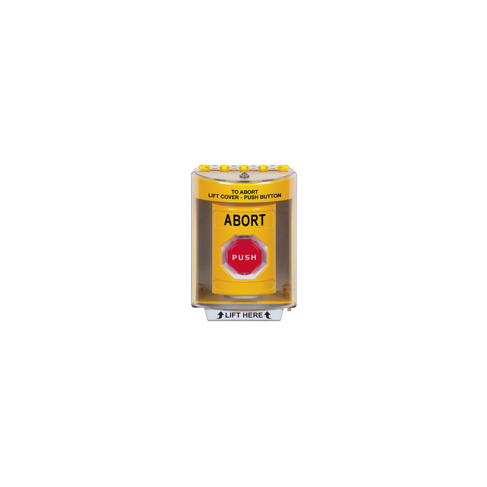 Botón de Abortar, Texto en Ingles, Tapa Protectora de Policarbonato Súper Resistente, Momentaneo